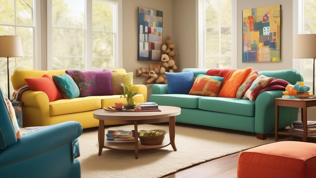 Create an image of a cozy living room featuring the top couches for dog owners with shedding pets. Show a variety of stylish and easy-to-clean couches, accompanied by happy dogs lounging comfortably o