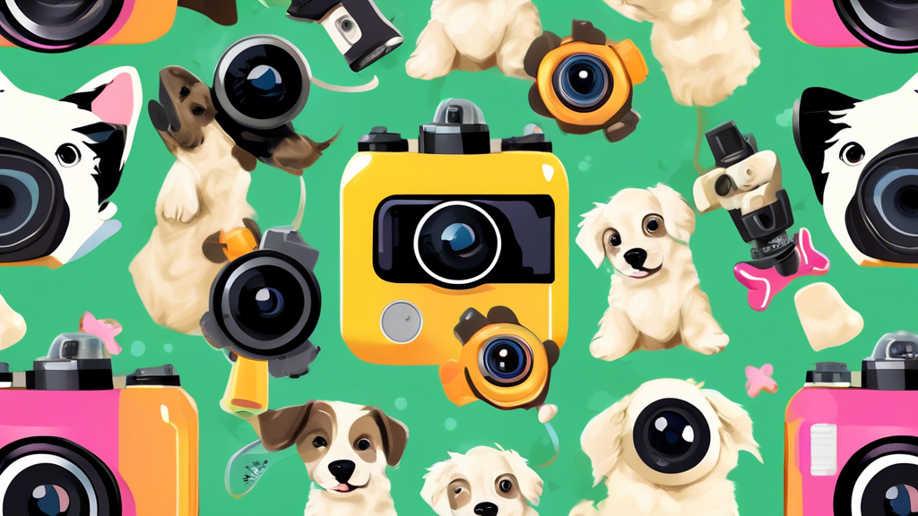 Create an image of a variety of dog cameras surrounded by playful puppies, with colorful backgrounds and cute accessories such as toys and treats. Each camera should be unique, showcasing different fe