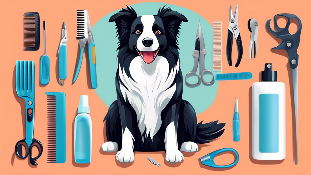 Create an image of a Border Collie sitting calmly while getting groomed with the top-rated dog clippers beside them. The background should show a professional grooming setup with various tools and pro