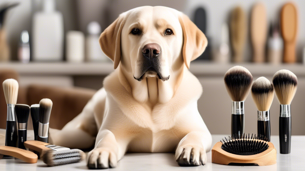 Create an image of a Labrador retriever sitting calmly while being brushed with various top-rated dog hair brushes lined up beside it. The brushes should be displayed neatly on a table with a variety