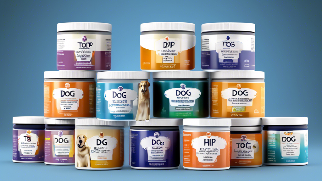 Create an image of various top dog supplements labeled and arranged in a visually appealing way, with a focus on supplements specifically for hip dysplasia. Include labels such as glucosamine, chondro