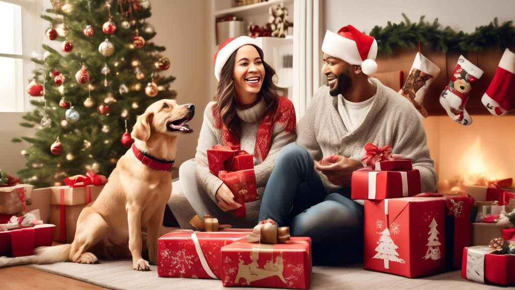 Create an image of a cozy living room decorated for Christmas, featuring a large Christmas tree with dog-themed ornaments and a pile of wrapped gifts underneath. Include a happy dog wearing a festive