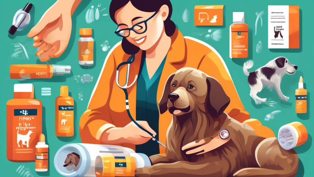 Create an image of a veterinarian applying a topical flea and tick medication on a dog's fur, with various brands and types of flea and tick treatments displayed in the background. The dog should look