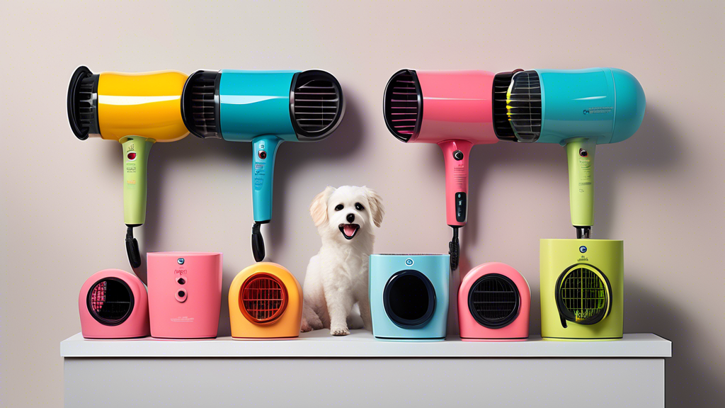 Create an image of a variety of dog dryers lined up on a shelf, each one displaying a different feature (such as adjustable heat settings, quick-drying technology, compact design, etc.), with each dry