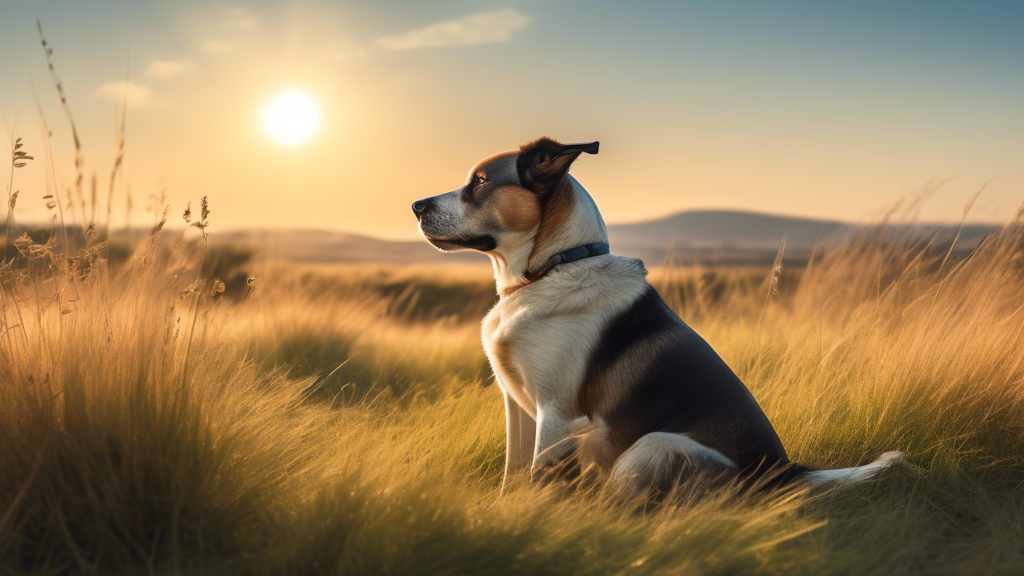 Create an image of a serene landscape with a calm and content dog sitting peacefully in the foreground. The scene should include elements like a gentle breeze blowing through grass, a clear blue sky,