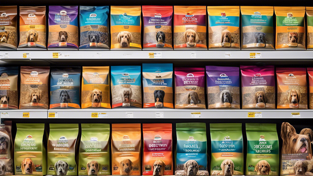 Create an image of a variety of large breed dog food brands showcased on shelves, with noticeable labels displaying Top Value and Best Picks to indicate the best quality options for large breed dogs.