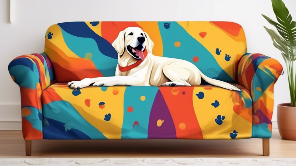 Create an image of a stylish, waterproof couch cover designed specifically for pet owners, showing a happy dog lounging comfortably on the couch with the cover protecting the cushions from any mess. T