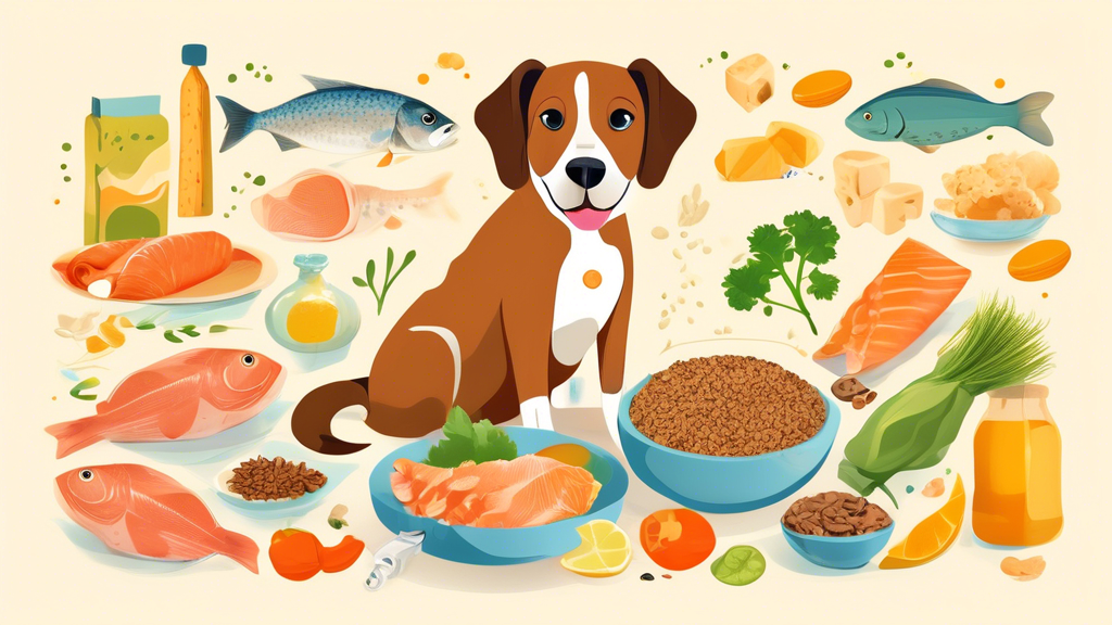 Create an image of a variety of foods rich in omega-3 and omega-6 fatty acids, such as fish, flaxseeds, and walnuts, with a happy and healthy-looking dog enjoying a meal surrounded by these ingredient
