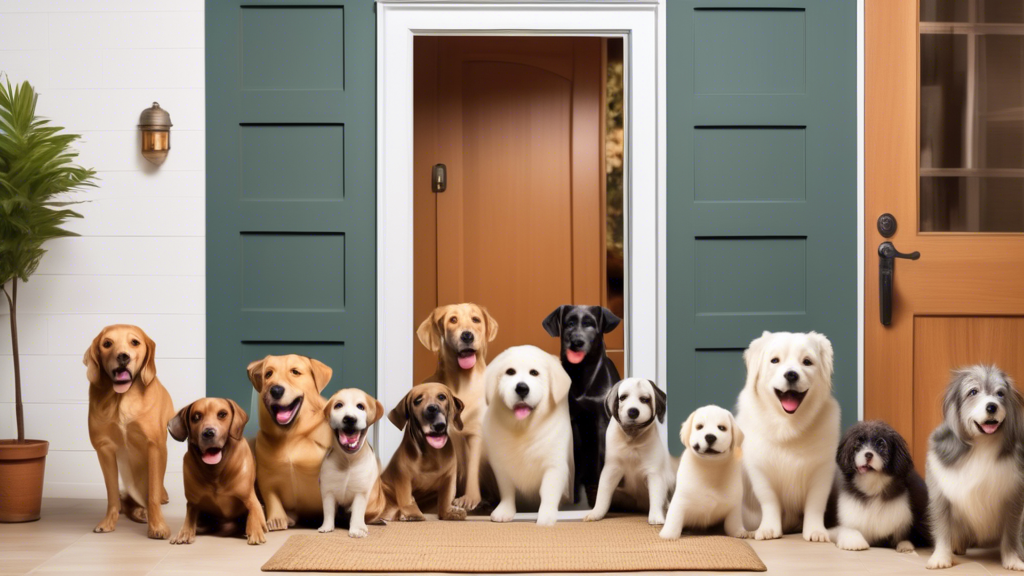 Create an image showing a diverse group of dogs happily entering and exiting a house through dog doors, demonstrating the benefits of having dog doors installed. The dogs should vary in size, breed, a