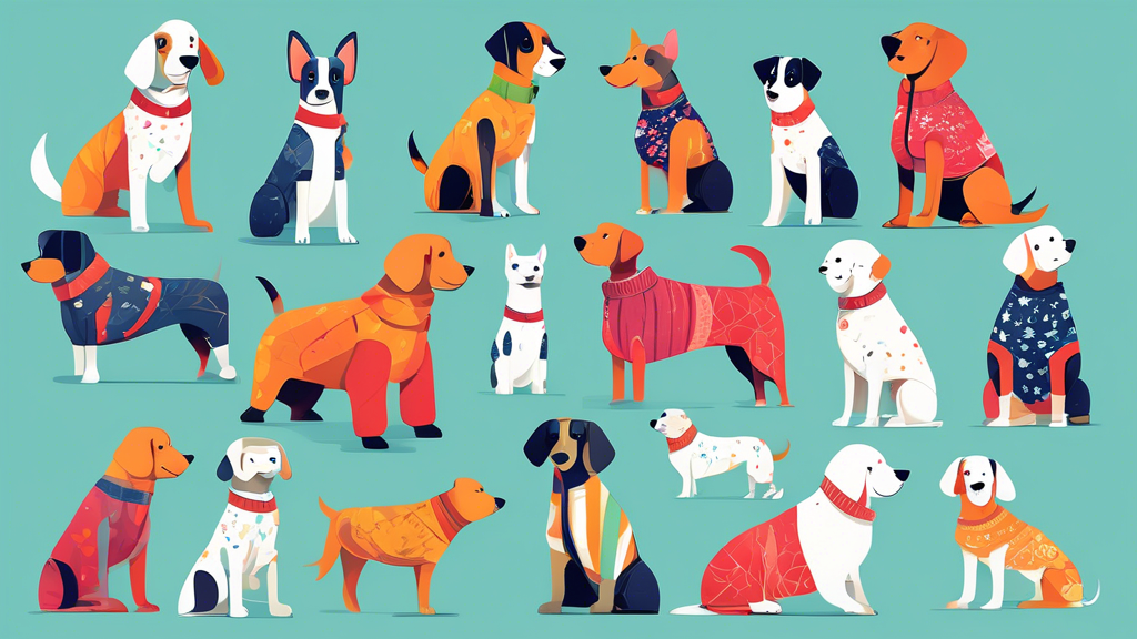 Create an image of a variety of stylish and high-quality dog coats proudly made in the USA, showcasing different colors, patterns, and designs to suit any furry friend's style and needs. Include a hap