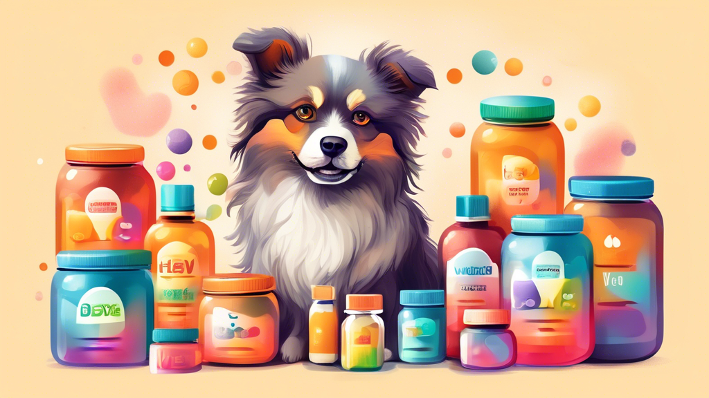 Create an image of a fluffy, adorable dog with bright and soulful eyes, surrounded by various jars and bottles of supplement products, showcasing a range of different colors and promises of health ben