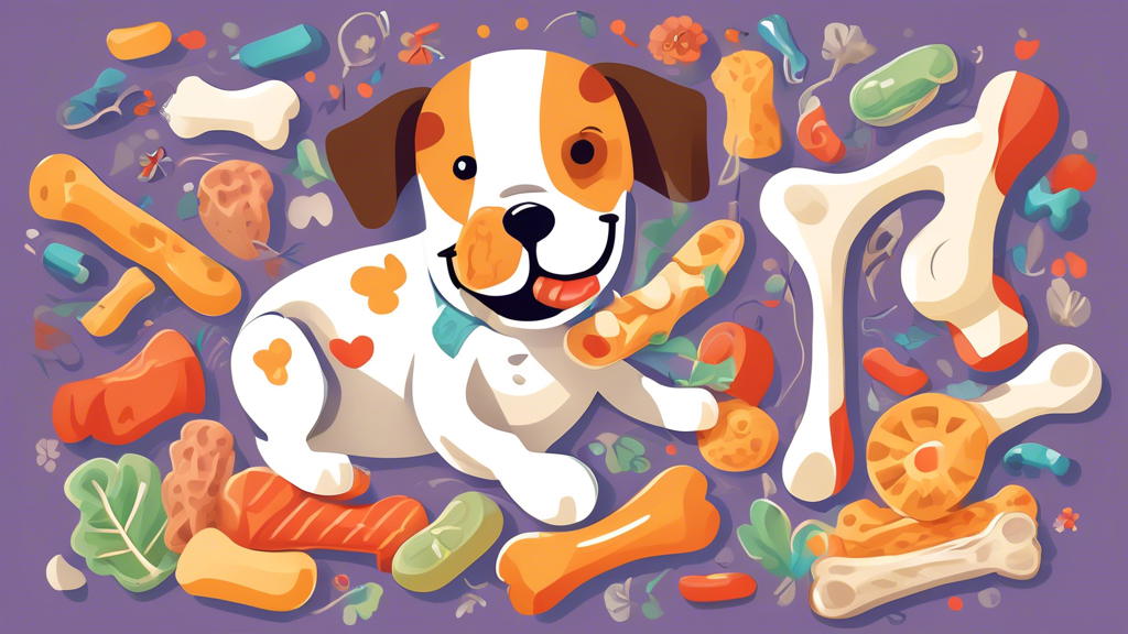 Create an image of a happy dog chewing on a nutritious, all-natural bone while surrounded by various health benefits swirling around them such as improved dental health, mental stimulation, and natura