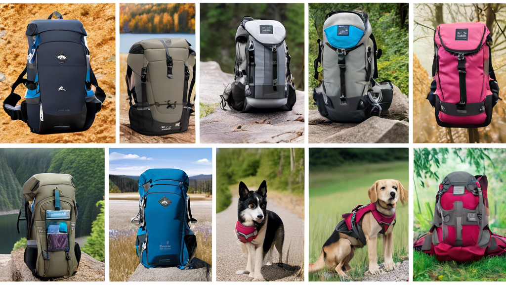 A collage of various stylish and functional dog backpacks laid out against a backdrop of a scenic hiking trail, with each backpack showcasing features such as durable materials, comfortable padding, a