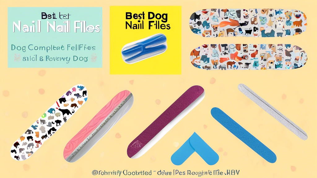 Create an image of various dog nail files displayed on a table with the title Best Dog Nail Files: A Complete Review Guide elegantly written at the top. The image should showcase different types of na