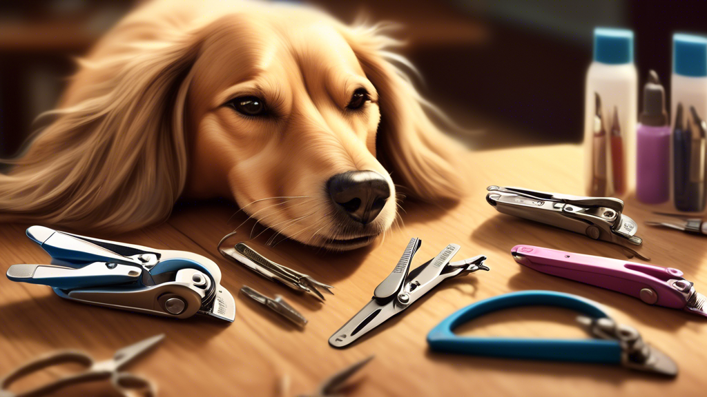 Create an image of a variety of dog nail clippers neatly organized on a wooden table, with a happy and relaxed dog in the background getting its nails trimmed by its owner. The image should showcase d