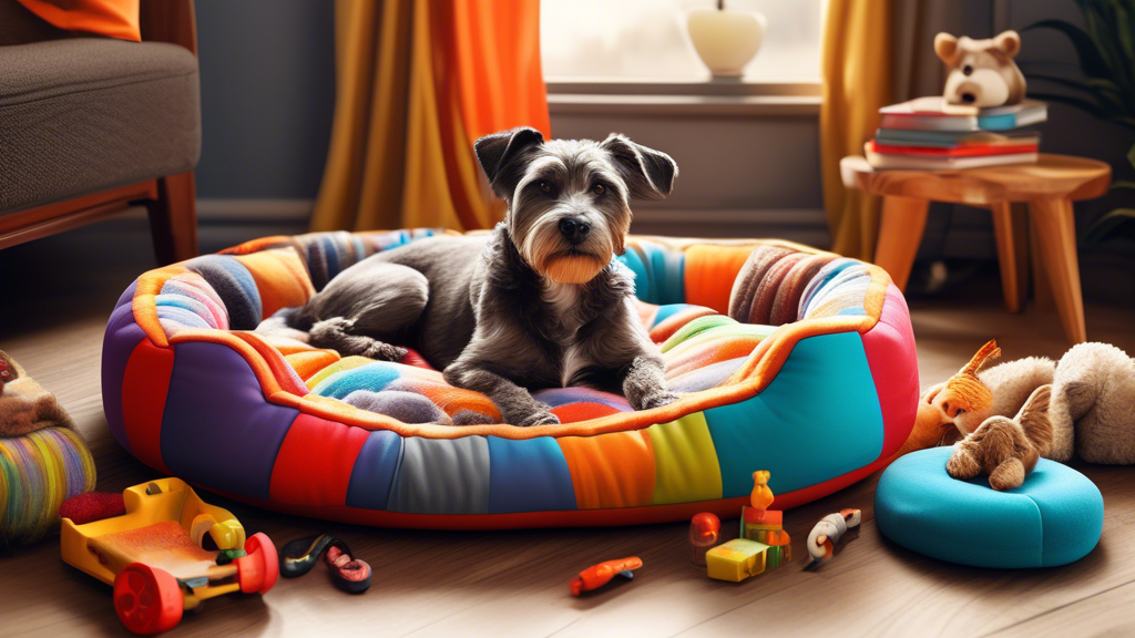 Create an image of a cozy brindle dog bed with a cute dog lounging comfortably on it, surrounded by toys and treats. The setting should exude warmth and comfort, inviting the viewer to read a review o