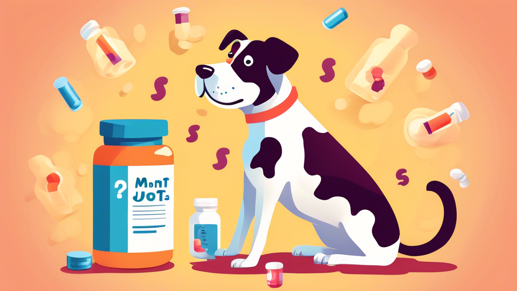 Create an image of a cute and curious dog looking at a bottle of human joint supplements, with question marks above its head, to visually represent the concept of dogs potentially taking human joint s