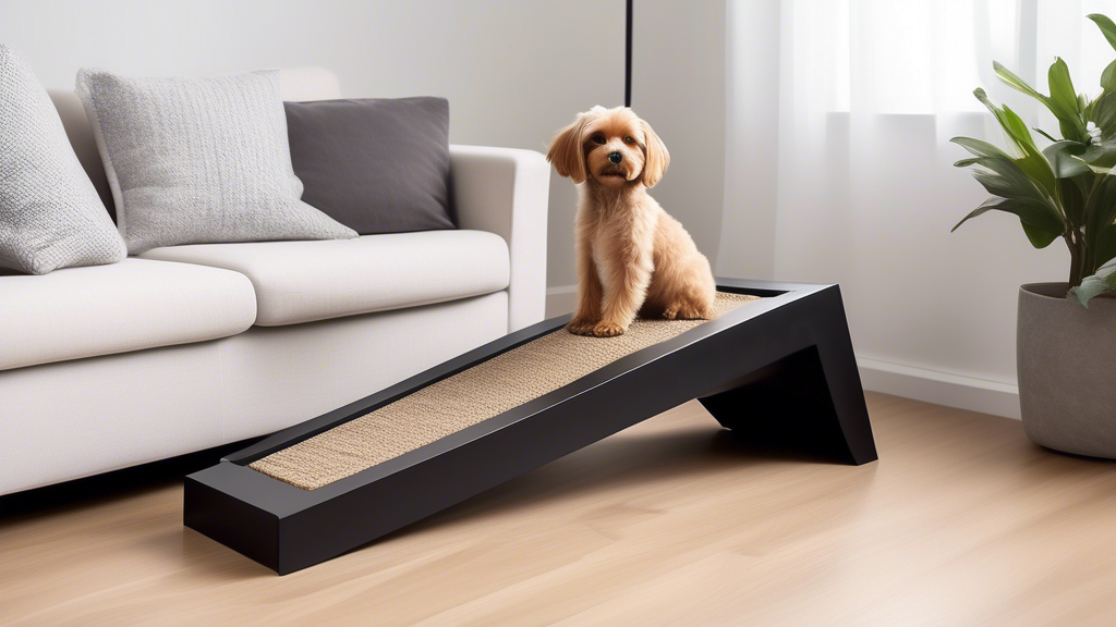 Create an image of a cozy living room setting with a small dog at the base of a sofa, looking up at a modern and stylish dog ramp that matches the decor. The dog ramp should appear sturdy, safe, and i