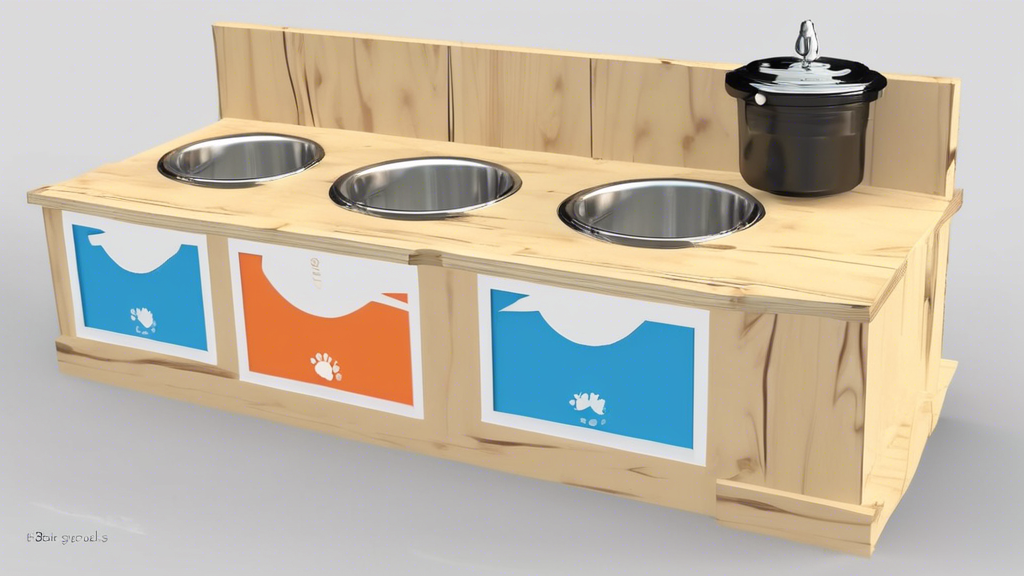 Please create an image of a DIY dog feeding station with detailed blueprints, including measurements, materials needed, and step-by-step instructions for construction. The design should be practical,