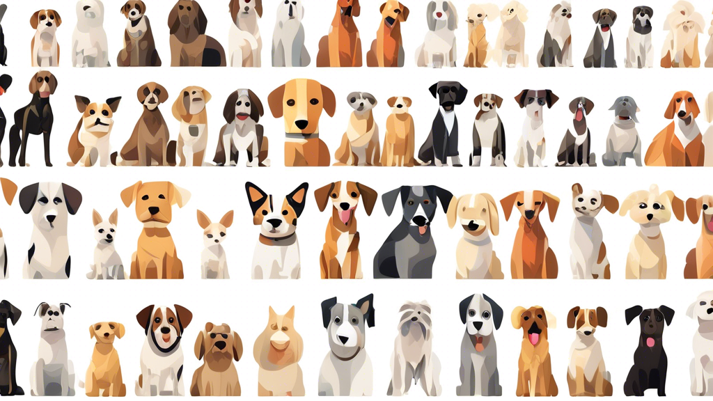 Create an image of a variety of dog breeds lined up neatly in rows with labeled tags to represent a simple test for determining a dog's breed. The dogs should be displayed in a sleek and visually appe