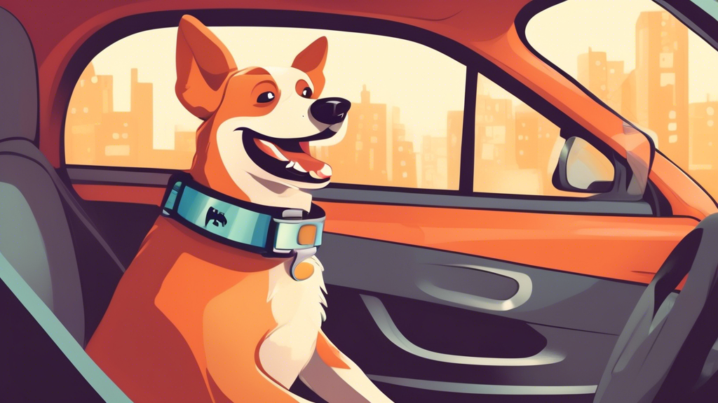 Create an image of a happy dog wearing a seat belt in a car, with a visible sign that says Safety First for Furry Friends. The dog should be sitting comfortably and looking out the window with a waggi