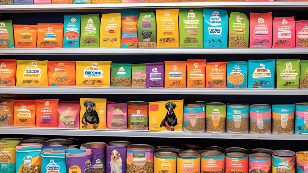 Create an image of a variety of budget-friendly dog food options displayed on colorful shelves, with price tags clearly visible. The image should showcase a mix of dry kibble, wet canned food, and tre