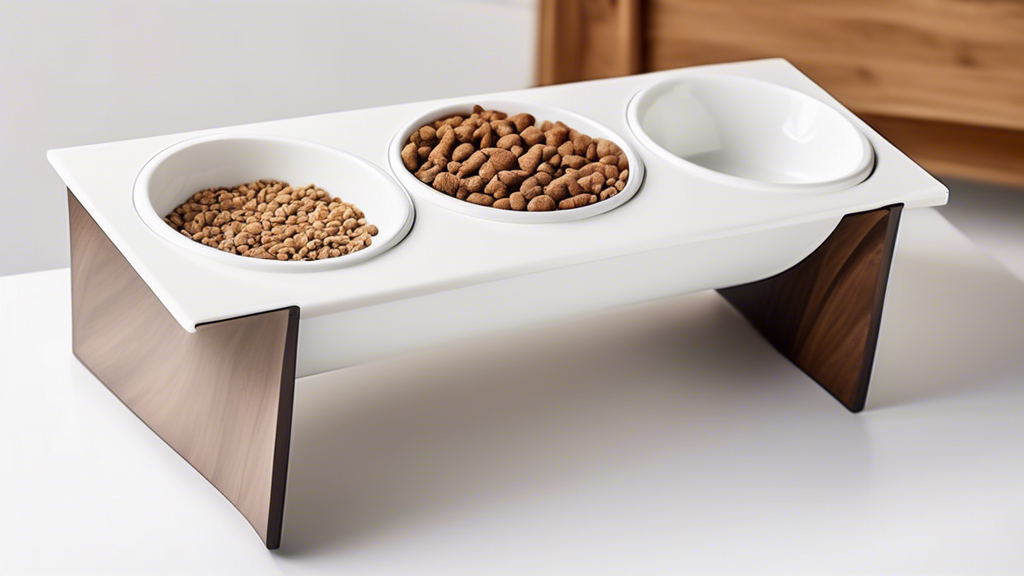 Create an image of a modern and stylish elevated dog feeder with sleek ceramic bowls. The design should be contemporary and visually appealing, featuring clean lines and a neutral color palette that w