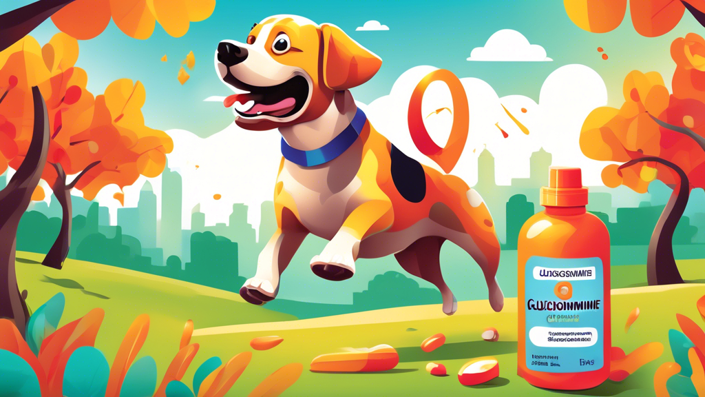 Create an image of a happy and healthy dog playing outside in a park, with a bottle of glucosamine chondroitin supplements for dogs displayed prominently in the foreground. The dog should look energet