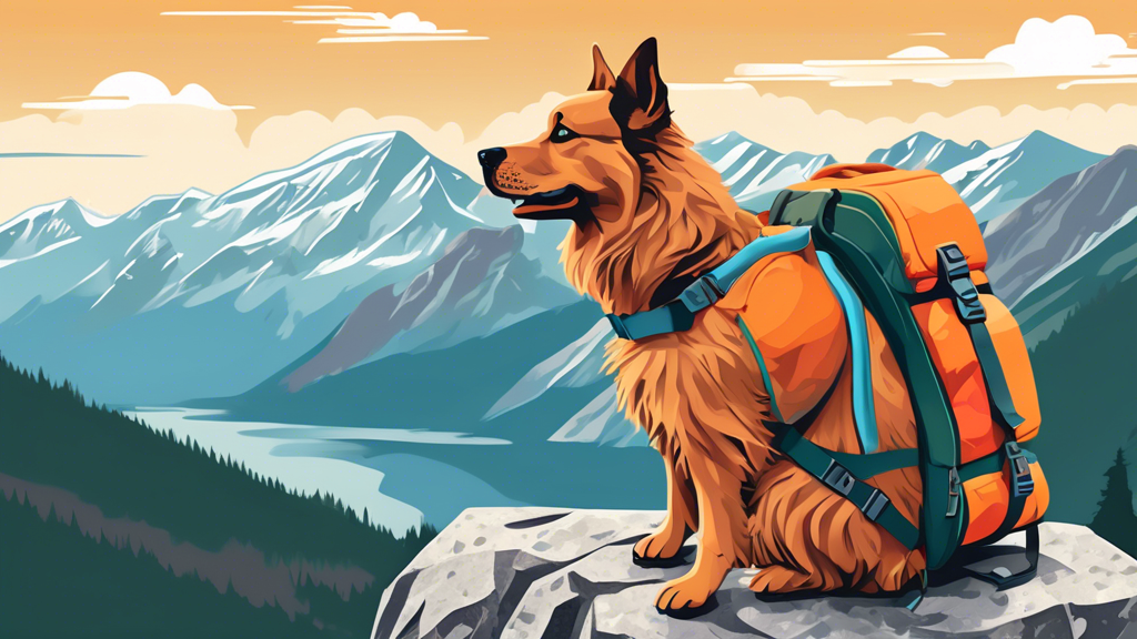 Create an image of a fluffy dog wearing a Granite Gear Dog Backpack, surrounded by hiking gear and a scenic mountain backdrop, showcasing the practicality and style of the product in action.