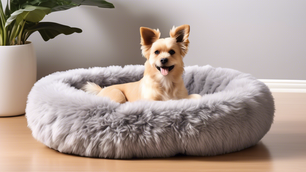 Please generate an image of a cozy and inviting Cuddle Ball Dog Bed featuring a small to medium-sized dog curled up comfortably inside surrounded by plush, fluffy material. The design should showcase