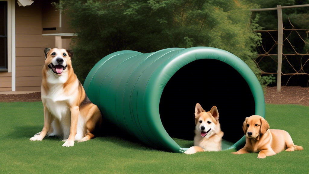 Create an image of a variety of dog tunnels and chutes set up in a backyard or training facility, showcasing different sizes and shapes to illustrate the guide to using them for training and enrichmen