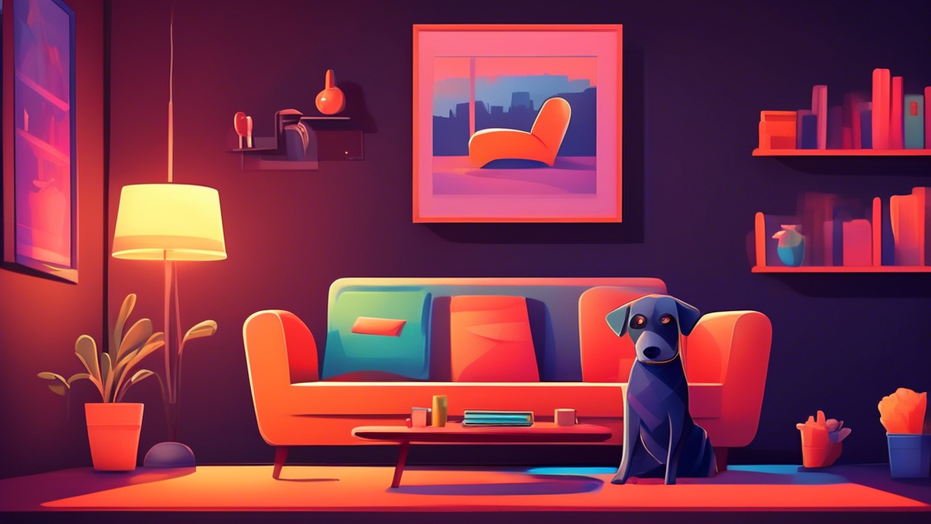 Create an image of a cozy living room with a dog relaxing on the sofa, and a smartphone displaying a live feed from a WiFi dog monitor. The room should have a modern touch with comfortable furniture a