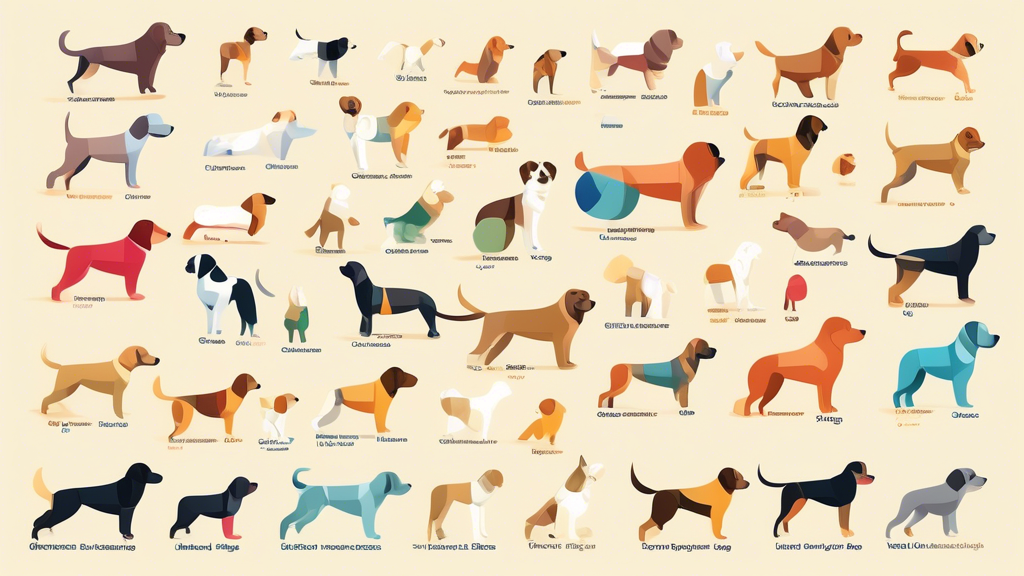 Create an image of various dog breeds, each with a different amount of glucosamine supplements labeled above them, ranging from overdosage to underdosage, showcasing the appropriate dosage for differe