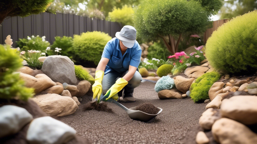 Create an image of a person using a small shovel and gloves to clean up dog poop in a beautifully designed rock landscape garden. The person should be wearing gardening attire and the rock landscape s