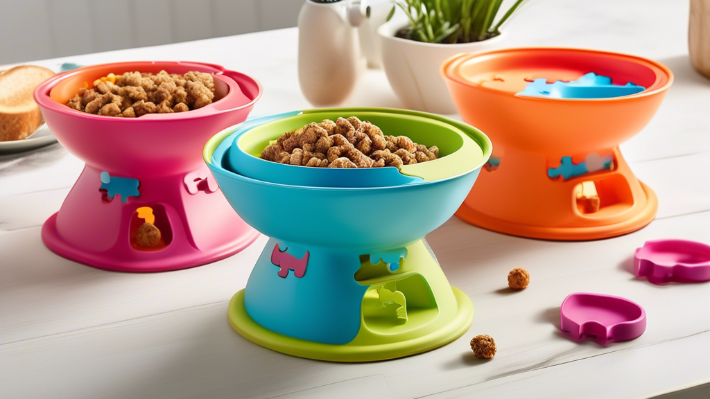 Create an image of a whimsical and innovative dog bowl design that turns mealtime into a playful and exciting experience for pets. The bowl should be colorful, interactive, and feature unique elements