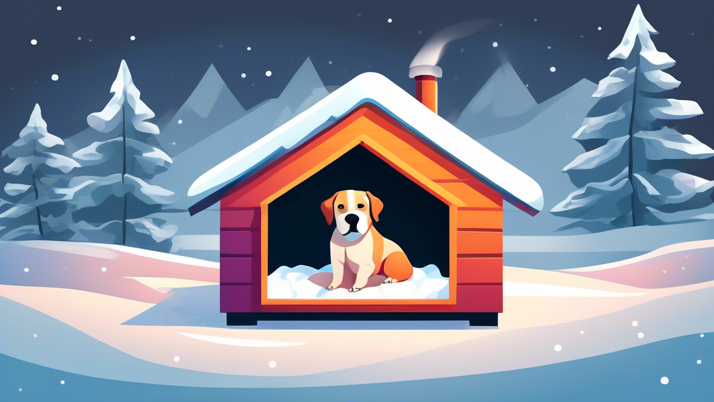 Create an image of a cozy dog house fitted with various heating options such as heated flooring, a heated bed, and a heat lamp, surrounded by snow and a winter landscape. The dog inside the house shou