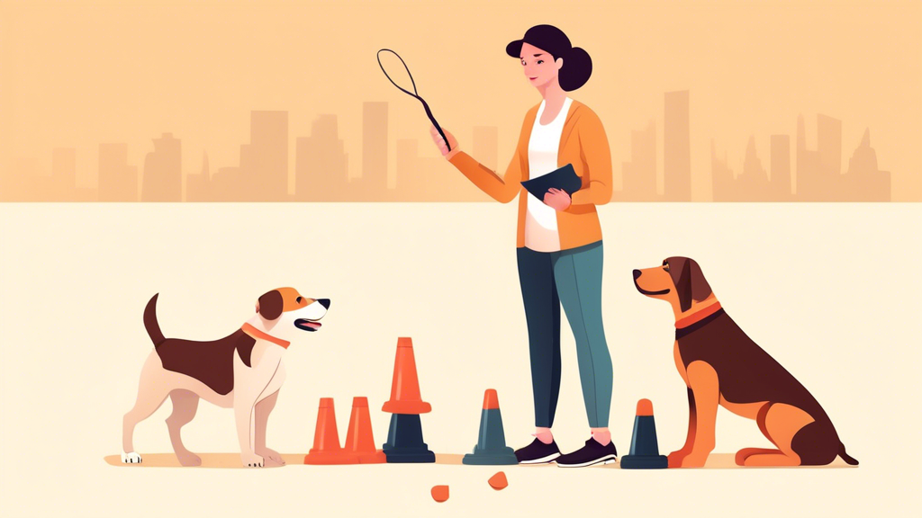 Create an image of a professional dog trainer holding a clicker tool while a well-behaved dog sits attentively by their side. The trainer should have a confident and skilled demeanor, and the setting