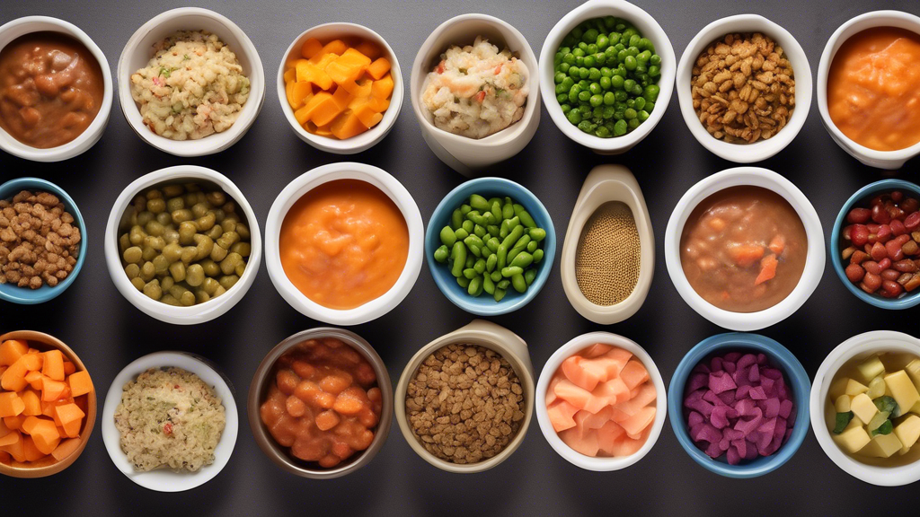 Create an image of a colorful array of homemade dog food dishes specifically catered for senior dogs, each bursting with nutritious ingredients such as lean proteins, vegetables, and grains to promote