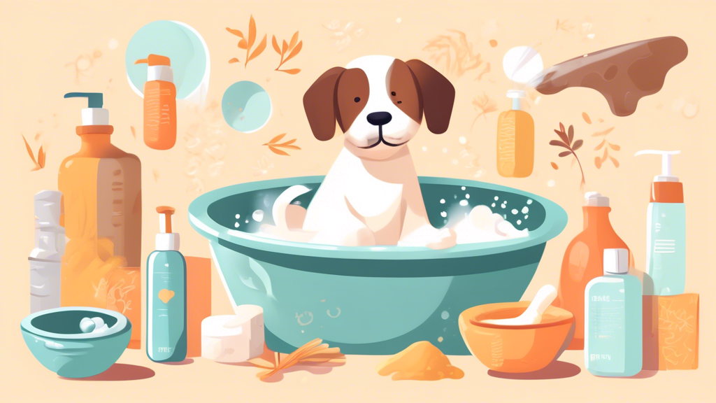 Create an image of a cute dog scratching its dry and itchy skin, surrounded by various remedies such as oatmeal baths, coconut oil, and specialized pet shampoos. The background should be a soothing co