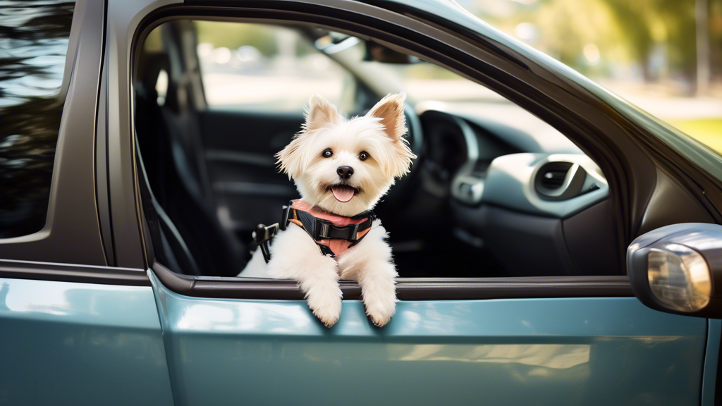 Create an image of an adorable dog sitting comfortably in a secured, front seat of a car. The dog should be safely restrained with a seat belt, harness, or a pet carrier, showcasing the importance of