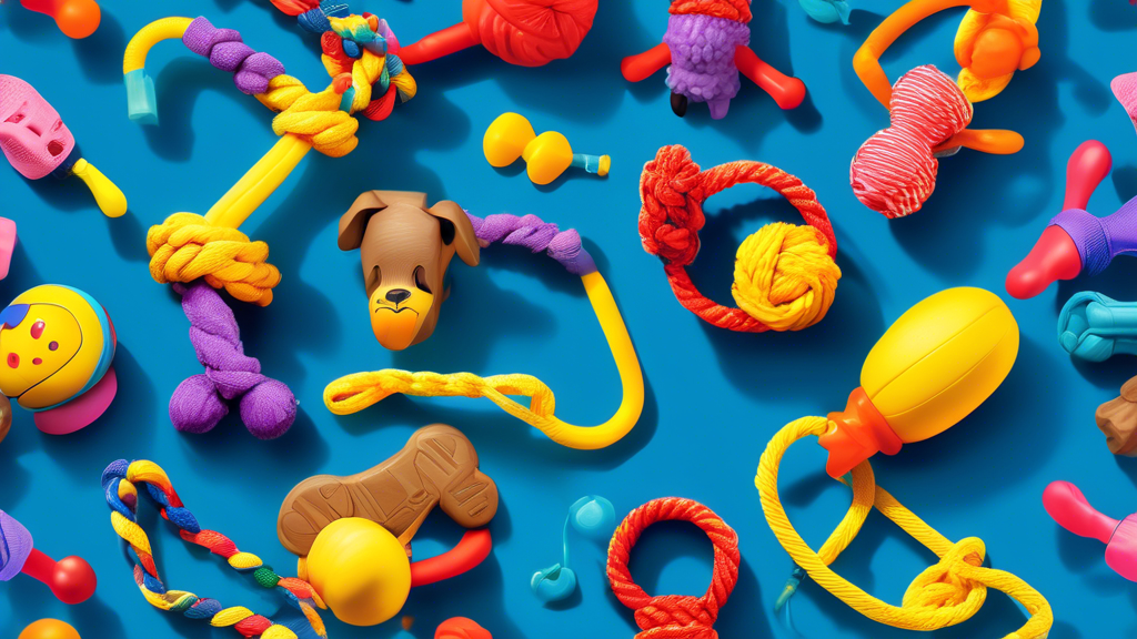 Create an image of a variety of colorful and durable chew toys spread out on the ground, showcasing the top chew toys for dogs, including ropes, rubber bones, and stuffed toys. Each toy should be vibr