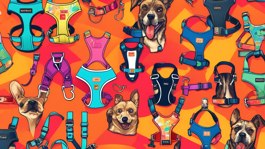 Create an image of various no-pull dog harnesses displayed on a colorful and vibrant background, showcasing different designs and features to illustrate The Ultimate Guide to No-Pull Dog Harnesses.