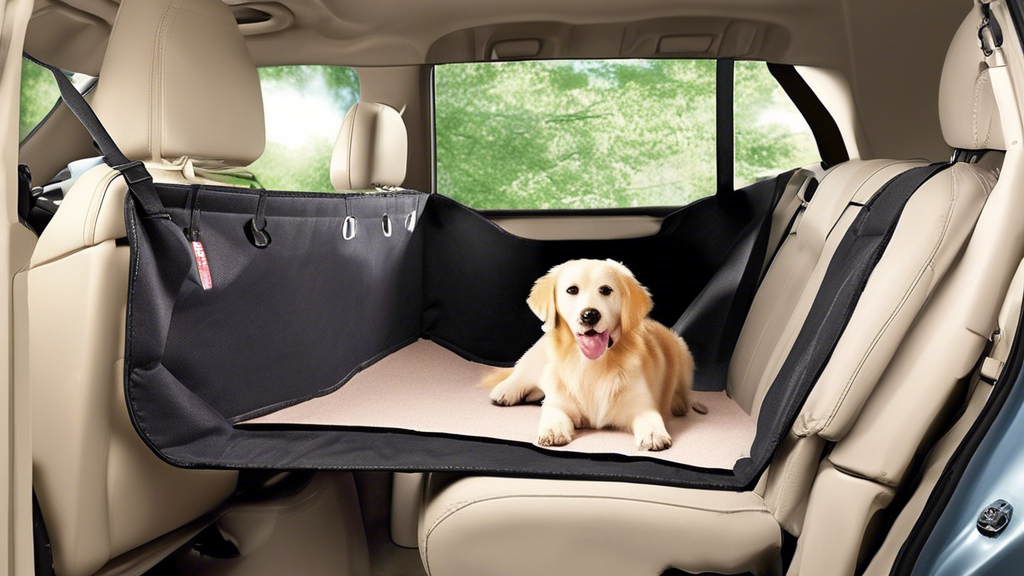 Create an image of a car interior with a back seat extender designed for dogs. Show a comfortable and safe space for the dog to sit or lie down, with features such as a non-slip surface, adjustable he