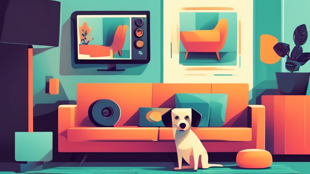 Create an image of a modern surveillance camera set up in a stylish living room, focused on a cute dog sitting on a comfy couch. The camera should be sleek and high-tech, blending seamlessly with the