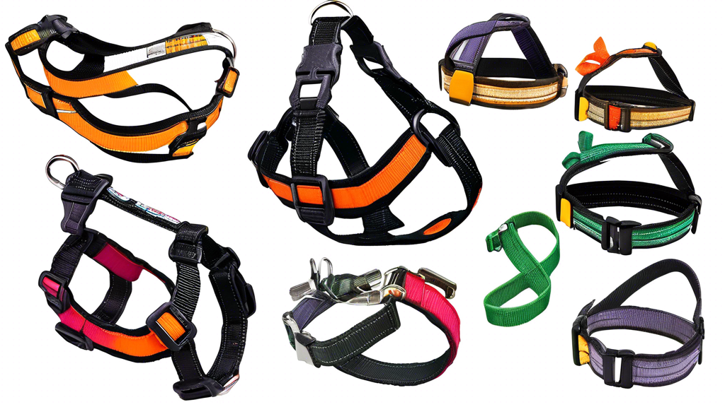 Create an image of a variety of top car harnesses designed specifically for small dogs, showcasing different colors, styles, and features to ensure the safety and comfort of furry companions during ca