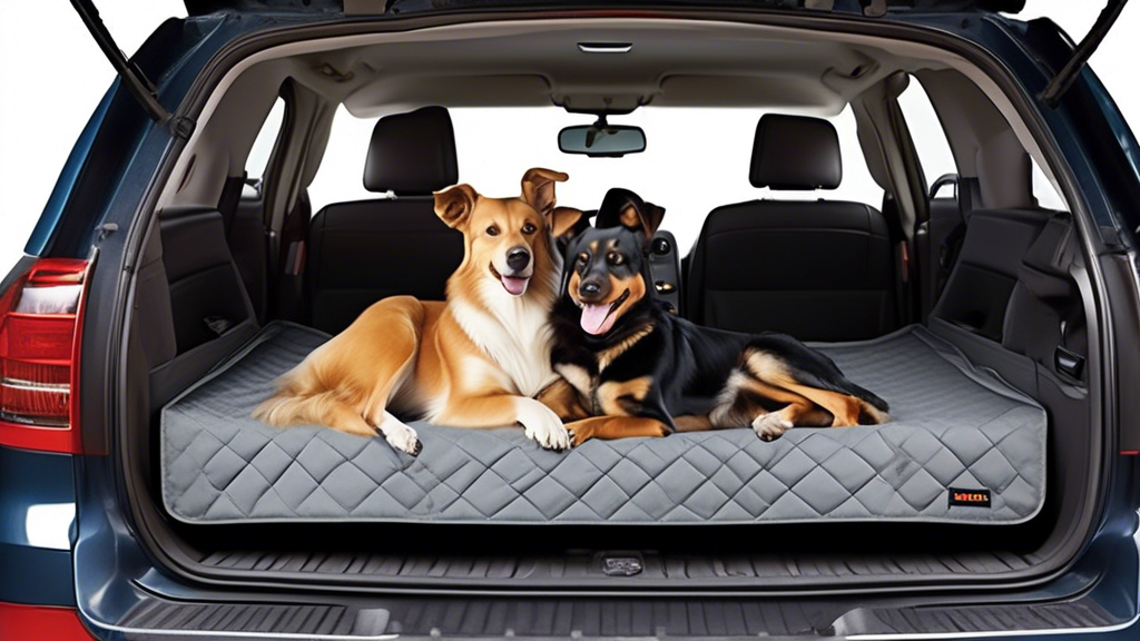 Create an image of a spacious and comfortable cargo area of a car fully equipped with various top-rated cargo liners for dogs. The cargo area should be clean, well-organized, and feature different typ