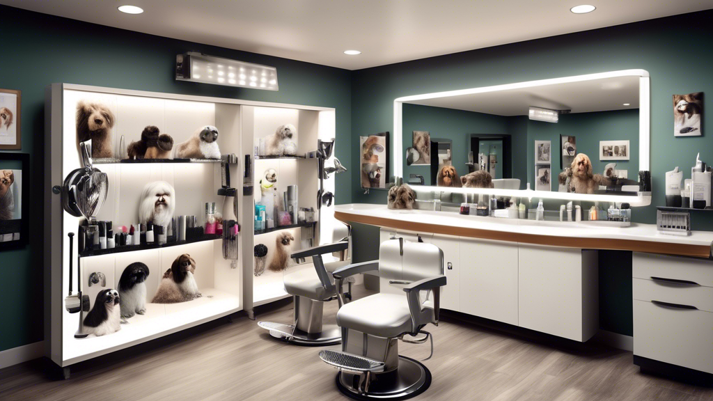 Create an image of a sleek and modern grooming salon for dogs, complete with a variety of essential grooming tools such as brushes, clippers, scissors, shampoo, conditioner, and detangling spray neatl