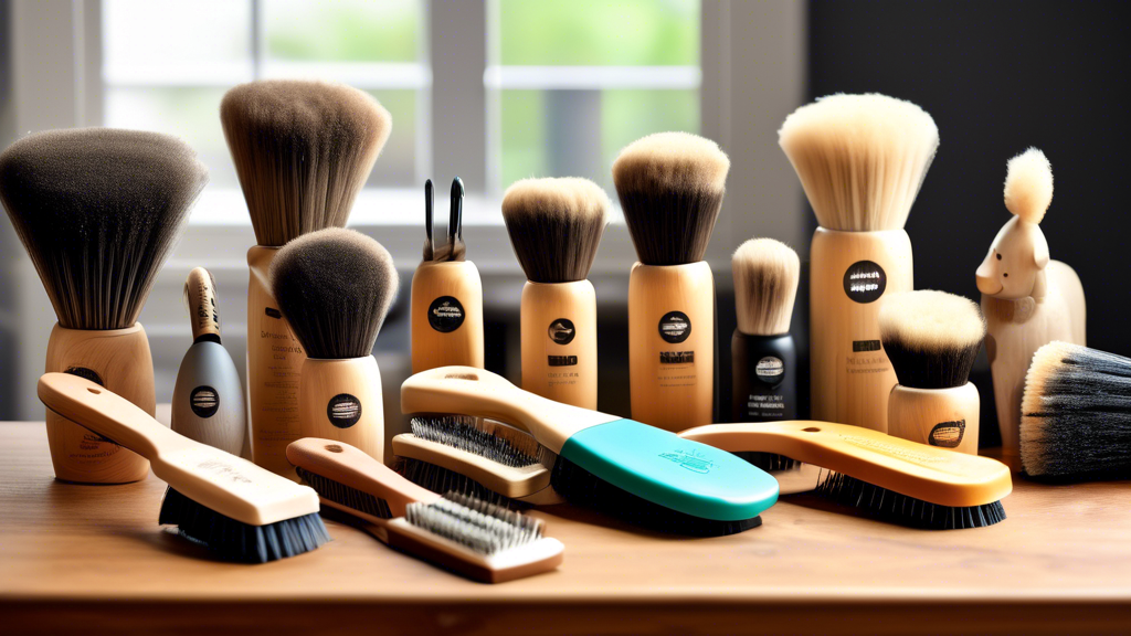 Create an image of a variety of top dog shedding brushes displayed on a wooden table, surrounded by different types of dog hair. Each brush should look unique in design and color, with labels highligh