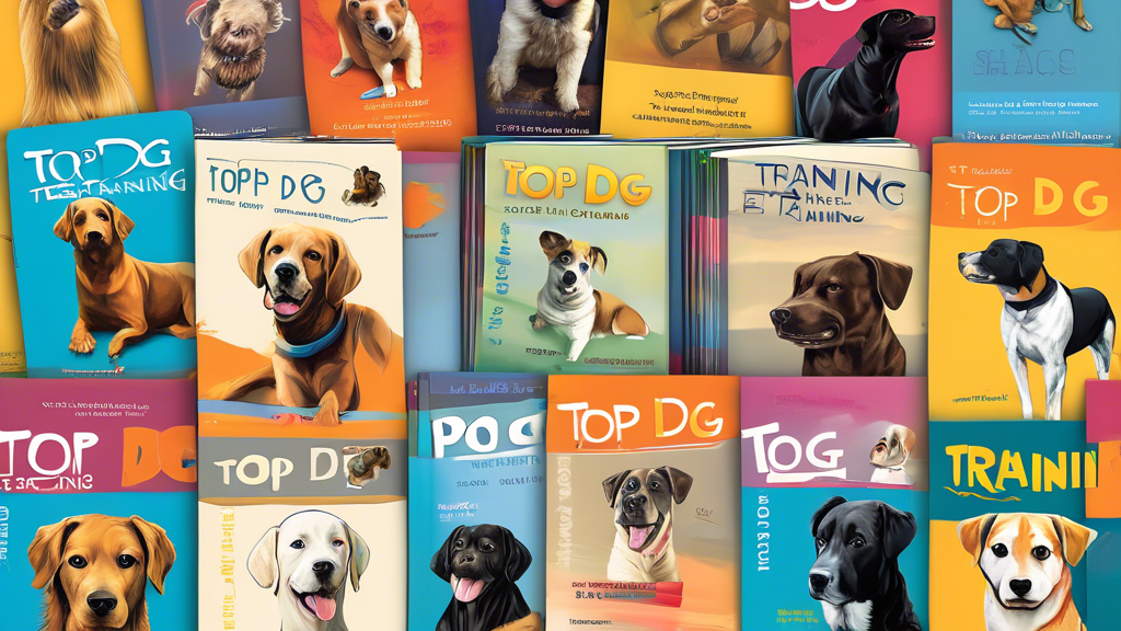 Create an image of a stack of top dog training books, each book with a unique cover design illustrating different training techniques and methods. The books should appear organized and neatly arranged