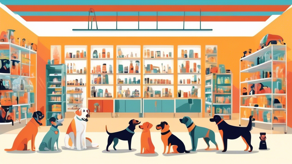 Create an image of a diverse group of top dog training equipment suppliers standing together in a modern, well-stocked pet store, surrounded by shelves of various training tools and products. Each sup